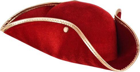 Rum Pirate Red Costume Hat for Adults - Velvet Tricorn Hat with Gold Trim and Snaps in Saudi Arabia