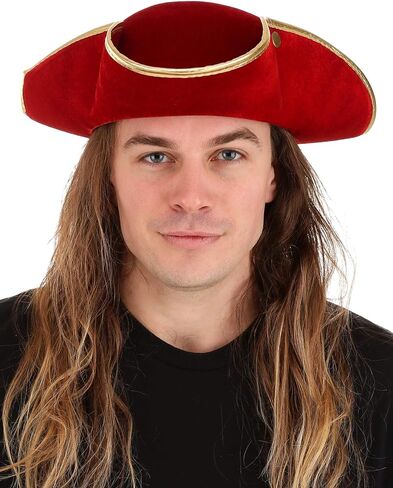 Rum Pirate Red Costume Hat for Adults - Velvet Tricorn Hat with Gold Trim and Snaps in Saudi Arabia