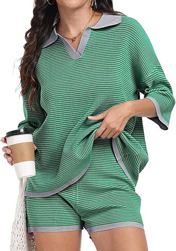 SeSe Code Striped Sweater 2 Piece Short Sets for Women, Oversized Knit Lounge Outfits for Summer Casual 2025 in Kuwait