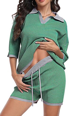 SeSe Code Striped Sweater 2 Piece Short Sets for Women, Oversized Knit Lounge Outfits for Summer Casual 2025 in Kuwait