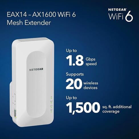 NETGEAR WiFi 6 Mesh Range Extender (EAX16) - Add up to 1,500 sq. ft. and up to 20 Devices with AX2400 Dual-Band Wireless Signal Booster & Repeater (up to 2.4 Gbps Speed), WPA3 Security, Smart Roaming in Saudi Arabia