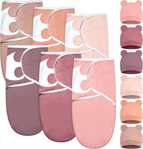 Ramede 6 Pack Swaddle Blanket with Hats for Baby Girl Boy 100% Cotton Swaddles 0-3 Months, Adjustable Breathable Skin Friendly Receiving Blanket Wrap, Essential for Newborns(Bear,Pink) in Saudi Arabia