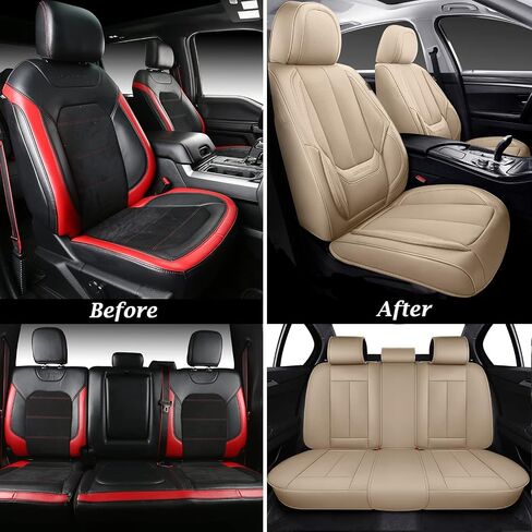Coverado Car Seat Covers Full Set, 5 Seats Front Seat Cover and Back Seat Covers for Cars, Automotive Seat Covers Nappa Leather Waterproof Seat Covers, Car Seat Protectors Universal for Cars Beige in Saudi Arabia