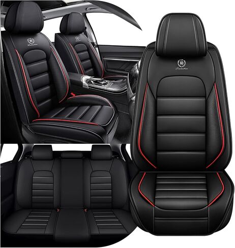 Full Set Car Seat Covers for Chevrolet Chevy Equinox 2006-2026, Waterproof Stain-Resistant Seat Cover, Premium Nappa Leather Seat Protectors with Storage Pockets(Standard 5 Seats/Black&Red) in Kuwait