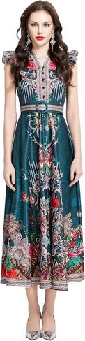 LAI MENG FIVE CATS Women's Floral Print V-Neck Sleeveless Elegant Button up Maxi Dress in Saudi Arabia