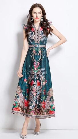 LAI MENG FIVE CATS Women's Floral Print V-Neck Sleeveless Elegant Button up Maxi Dress in Saudi Arabia