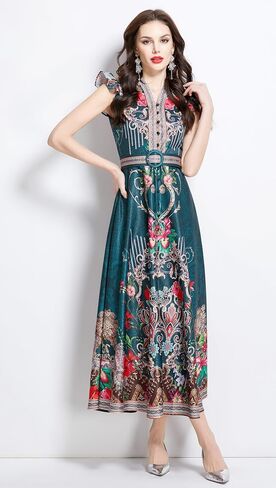 LAI MENG FIVE CATS Women's Floral Print V-Neck Sleeveless Elegant Button up Maxi Dress in Saudi Arabia