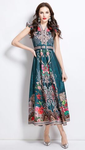 LAI MENG FIVE CATS Women's Floral Print V-Neck Sleeveless Elegant Button up Maxi Dress in Saudi Arabia