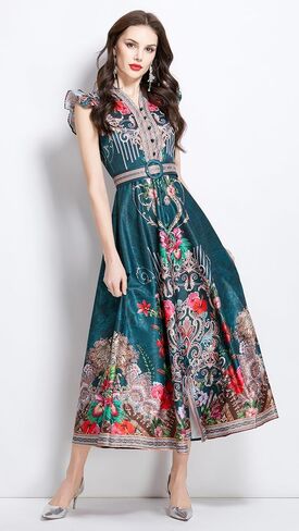 LAI MENG FIVE CATS Women's Floral Print V-Neck Sleeveless Elegant Button up Maxi Dress in Saudi Arabia