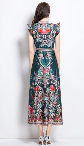 LAI MENG FIVE CATS Women's Floral Print V-Neck Sleeveless Elegant Button up Maxi Dress in Saudi Arabia
