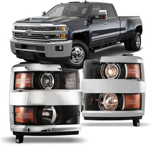 Headlights Assembly for 2015-2019 Chevrolet Chevy Silverado 2500 3500 HD, Projector Assembly OE Style Replacement Turn Signal Lights High Low Beam 1 Pair (Chrome Housing/Clear Lens) in Kuwait