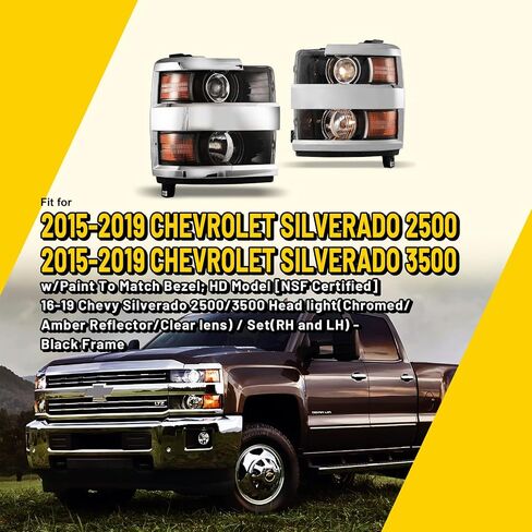 Headlights Assembly for 2015-2019 Chevrolet Chevy Silverado 2500 3500 HD, Projector Assembly OE Style Replacement Turn Signal Lights High Low Beam 1 Pair (Chrome Housing/Clear Lens) in Kuwait