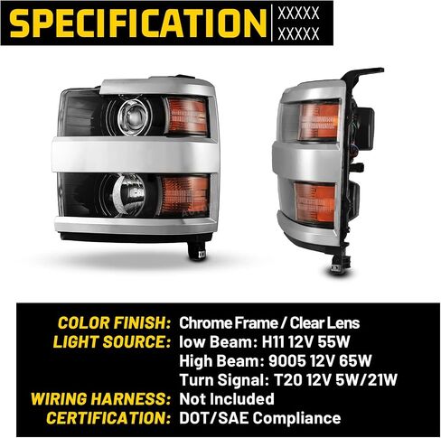 Headlights Assembly for 2015-2019 Chevrolet Chevy Silverado 2500 3500 HD, Projector Assembly OE Style Replacement Turn Signal Lights High Low Beam 1 Pair (Chrome Housing/Clear Lens) in Kuwait