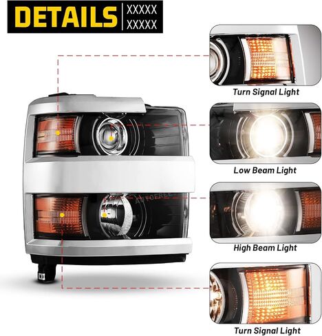 Headlights Assembly for 2015-2019 Chevrolet Chevy Silverado 2500 3500 HD, Projector Assembly OE Style Replacement Turn Signal Lights High Low Beam 1 Pair (Chrome Housing/Clear Lens) in Kuwait