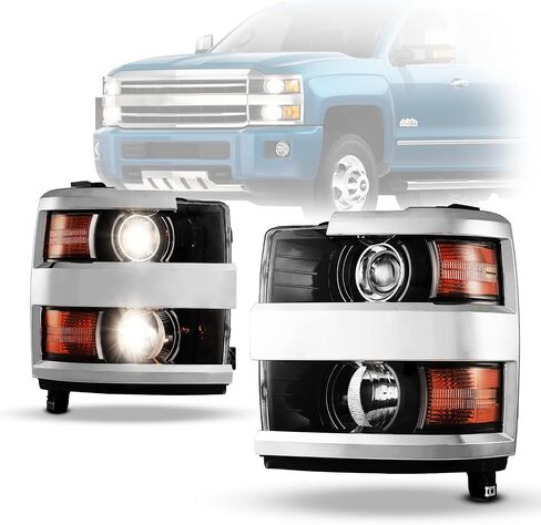Headlights Assembly for 2015-2019 Chevrolet Chevy Silverado 2500 3500 HD, Projector Assembly OE Style Replacement Turn Signal Lights High Low Beam 1 Pair (Chrome Housing/Clear Lens) in Kuwait