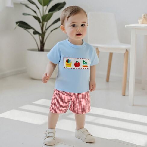 Toddler Boy Summer Clothes Animal Embroidery Smocked Short Sleeve T-Shirt + Casual Shorts in Saudi Arabia