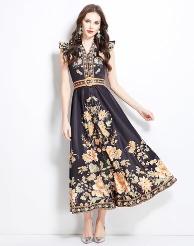 LAI MENG FIVE CATS Women's Floral Print V-Neck Sleeveless Elegant Button up Maxi Dress in Kuwait