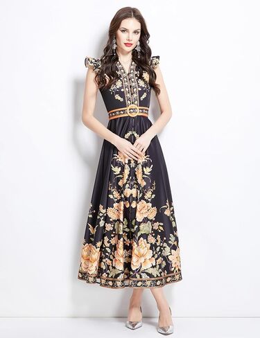 LAI MENG FIVE CATS Women's Floral Print V-Neck Sleeveless Elegant Button up Maxi Dress in Kuwait