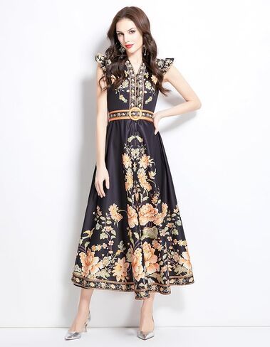 LAI MENG FIVE CATS Women's Floral Print V-Neck Sleeveless Elegant Button up Maxi Dress in Kuwait