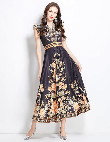 LAI MENG FIVE CATS Women's Floral Print V-Neck Sleeveless Elegant Button up Maxi Dress in Kuwait