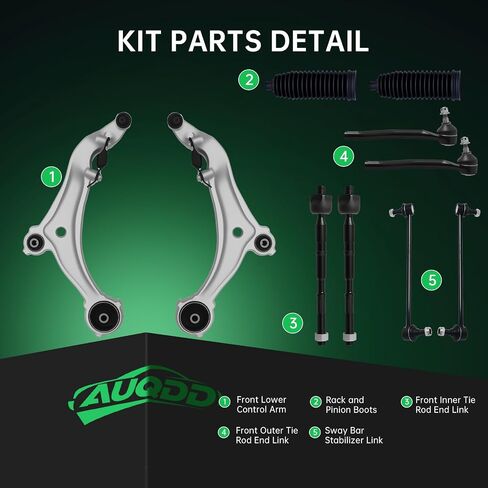 AUQDD 10Pc Front End Suspension Kit Fit For 2011-2017 Ni-ssan Quest, 2 Lower Control Arm w/Ball Joint 2 Sway Bar Link 4 Outer & Inner Tie Rod End 2 Boots (# 524-221 524-222 K750783 EV801340 ES801267) in Saudi Arabia