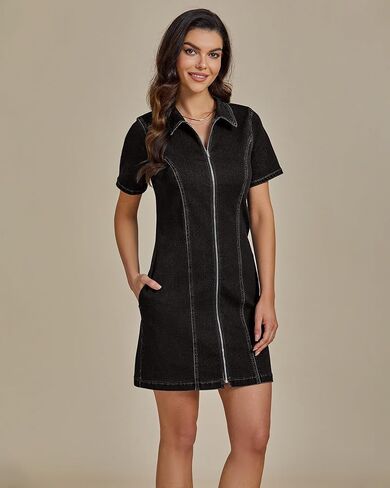 luvamia Denim Dresses for Women Summer Casual Zip Up Short Sleeve Western Short Stretchy Jean Dress with Pockets in Saudi Arabia