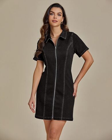 luvamia Denim Dresses for Women Summer Casual Zip Up Short Sleeve Western Short Stretchy Jean Dress with Pockets in Saudi Arabia
