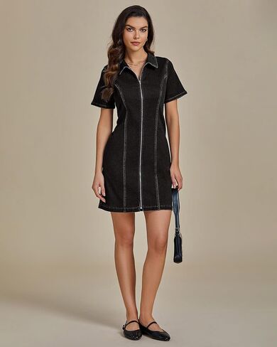 luvamia Denim Dresses for Women Summer Casual Zip Up Short Sleeve Western Short Stretchy Jean Dress with Pockets in Saudi Arabia
