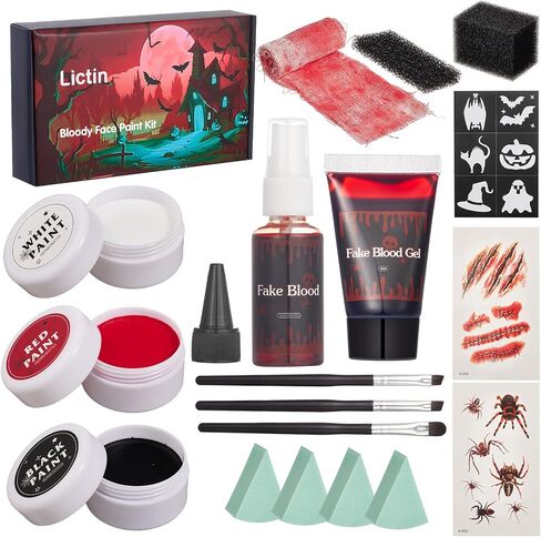 Lictin Halloween Effects Special Effects SFX Zombie Makeup Kit ، 9 Colors Crities Makeup Face Body Painte مع شمع الندبة ، رذاذ الدم والهلام المزيف ، مصاصي الدماء المهرج المهرج الطلاء (14 مساءً) in Kuwait