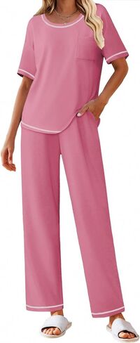 Ekouaer Cotton Pajamas Sets for Women Soft Contrast Piping Lounge Set 2 Piece Short Sleeve Pj Set with Pockets in Kuwait