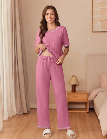 Ekouaer Cotton Pajamas Sets for Women Soft Contrast Piping Lounge Set 2 Piece Short Sleeve Pj Set with Pockets in Kuwait