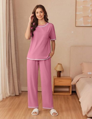 Ekouaer Cotton Pajamas Sets for Women Soft Contrast Piping Lounge Set 2 Piece Short Sleeve Pj Set with Pockets in Kuwait
