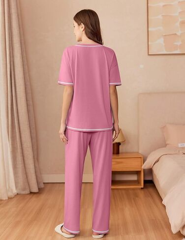 Ekouaer Cotton Pajamas Sets for Women Soft Contrast Piping Lounge Set 2 Piece Short Sleeve Pj Set with Pockets in Kuwait