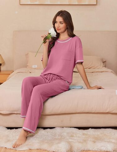 Ekouaer Cotton Pajamas Sets for Women Soft Contrast Piping Lounge Set 2 Piece Short Sleeve Pj Set with Pockets in Kuwait