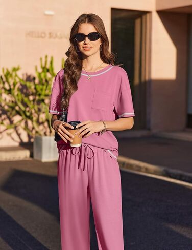 Ekouaer Cotton Pajamas Sets for Women Soft Contrast Piping Lounge Set 2 Piece Short Sleeve Pj Set with Pockets in Kuwait