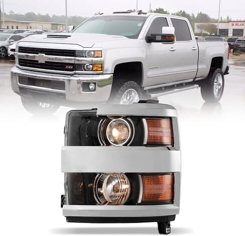 Headlights Assembly for 2015-2019 Chevrolet Chevy Silverado 2500 3500 HD, Projector Assembly OE Style Replacement Turn Signal Lights High Low Beam 1 Pair (Chrome Housing/Clear Lens) in Kuwait