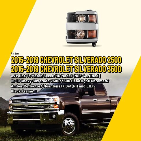 Headlights Assembly for 2015-2019 Chevrolet Chevy Silverado 2500 3500 HD, Projector Assembly OE Style Replacement Turn Signal Lights High Low Beam 1 Pair (Chrome Housing/Clear Lens) in Kuwait