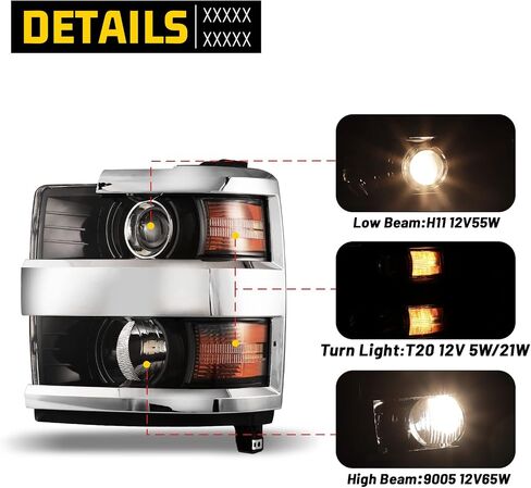 Headlights Assembly for 2015-2019 Chevrolet Chevy Silverado 2500 3500 HD, Projector Assembly OE Style Replacement Turn Signal Lights High Low Beam 1 Pair (Chrome Housing/Clear Lens) in Kuwait