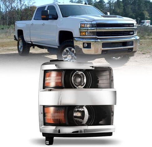 Headlights Assembly for 2015-2019 Chevrolet Chevy Silverado 2500 3500 HD, Projector Assembly OE Style Replacement Turn Signal Lights High Low Beam 1 Pair (Chrome Housing/Clear Lens) in Kuwait