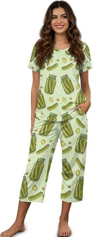 مجموعة بيجاما للسيدات قمم قصيرة الأكمام و Capri Pants Sleepwear 2 قطعة مجموعات PJS مع جيوب بالإضافة إلى مجموعات الصالة الحجم in Saudi Arabia