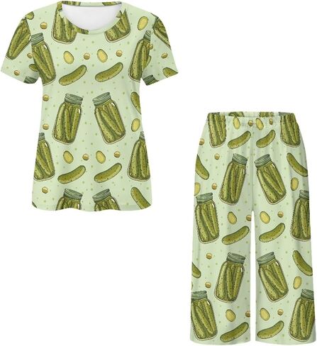 مجموعة بيجاما للسيدات قمم قصيرة الأكمام و Capri Pants Sleepwear 2 قطعة مجموعات PJS مع جيوب بالإضافة إلى مجموعات الصالة الحجم in Saudi Arabia