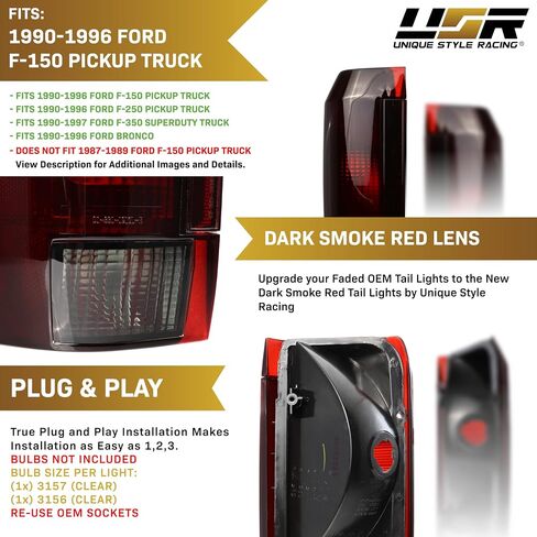 USR 90-96 F150 Pickup Light Light-مصابيح الذيل الخلفية الزوجية (يسار + يمين)-متوافقة مع الشاحنة الفائقة Superduty 1990-1996 Ford F-150 / F250 / F350 و 90-96 Bronco-جميع الطرز (العدسة الحمراء الداكنة الداكنة) in Kuwait