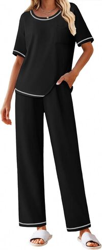 Ekouaer Cotton Pajamas Sets for Women Soft Contrast Piping Lounge Set 2 Piece Short Sleeve Pj Set with Pockets in Saudi Arabia