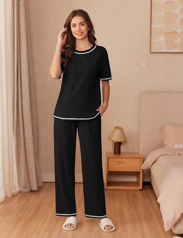 Ekouaer Cotton Pajamas Sets for Women Soft Contrast Piping Lounge Set 2 Piece Short Sleeve Pj Set with Pockets in Saudi Arabia