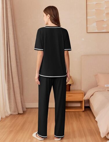 Ekouaer Cotton Pajamas Sets for Women Soft Contrast Piping Lounge Set 2 Piece Short Sleeve Pj Set with Pockets in Saudi Arabia
