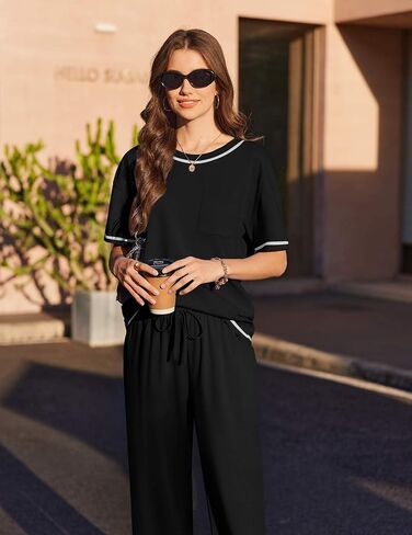 Ekouaer Cotton Pajamas Sets for Women Soft Contrast Piping Lounge Set 2 Piece Short Sleeve Pj Set with Pockets in Saudi Arabia