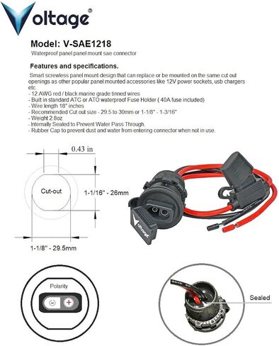 SAE Panel Mount Connector Socket with Fuse Waterproof SAE Quick Connect for Kayak, Boat, Solar Panel, Flush Mount 12AWG 18" V-SAE1250 in Kuwait