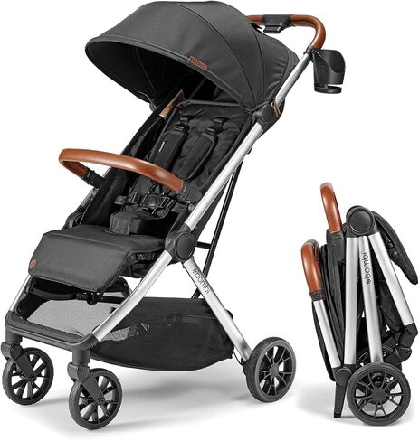 Bēbee V2 Lightweight Baby Stroller - Premium Vegan Leather, One-Hand Fold, Infinite Recline, Aircraft-Grade Aluminum Frame, XXL Canopy, and Ample Storage Umbrella Stroller - Sand in Saudi Arabia