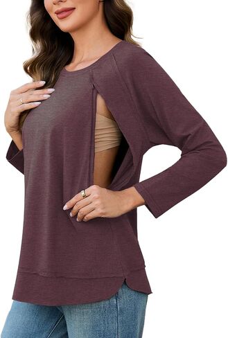Ecavus Women's Nursing Shirts for Breastfeeding with Zipper Long Sleeve Defined Seams Comfortable Breastfeeding Shirts in Kuwait