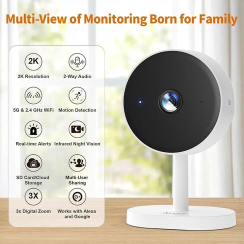 Alaga WiFi كاميرا أمان داخلية ، مراقبة الأطفال ، اكتشاف حركة الذكاء الاصطناعي ، صوتيان ، رؤية ليلية ، تخزين بطاقة سحابة و SD ، متوافقة مع Alexa و Google Assistant ، مع بطاقة TF 32G in Kuwait